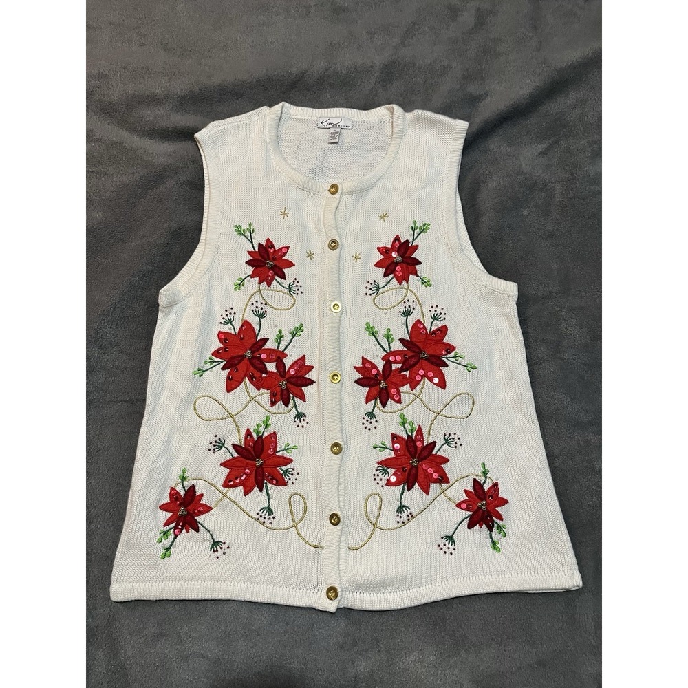 Kim Rogers Women's Large Christmas Sweater‎ Vest Ivory/cream Poinsettias